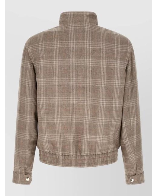 Brunello Cucinelli Brown Tartan Wool Silk Linen Stand Collar Jacket for men