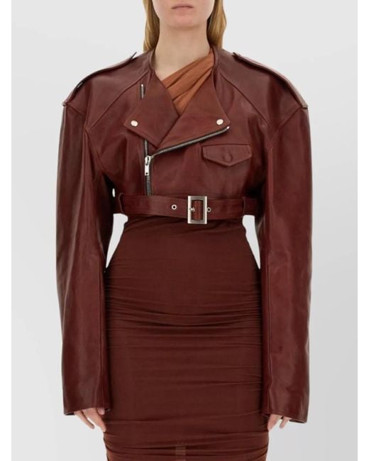 Rick Owens Red Waist Belted Cropped Leather Jacket