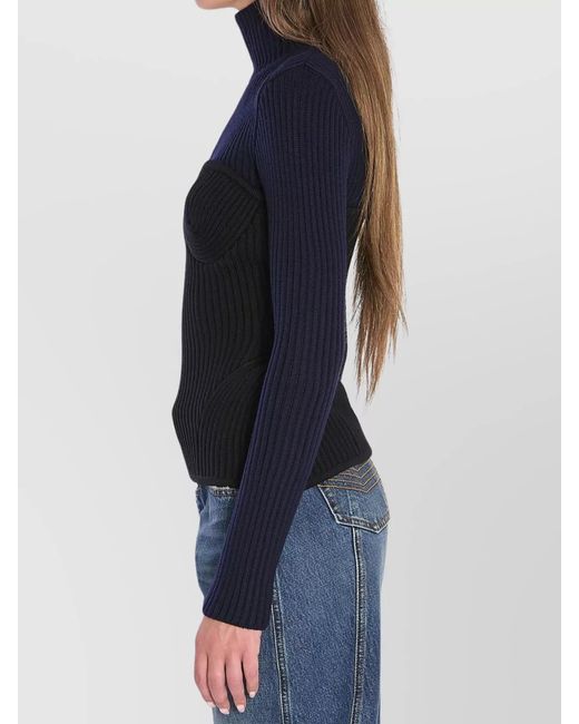Jean Paul Gaultier Blue Virgin Wool Ribbed High Neck Long Sleeve Jumper