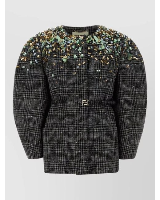 Fendi Black Tweed Blazer Belted Waist Puff Sleeves