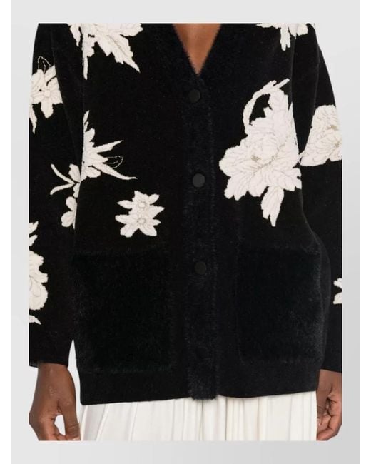 Forte_forte Black Floral-Embroidered Brushed V-Neck Cardigan