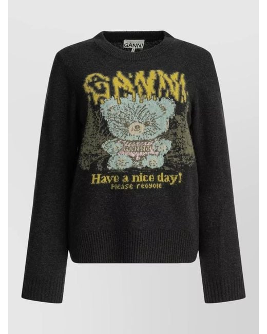 Ganni Black Teddy Crew Neck Sweater Graphic Design