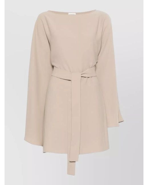 P.A.R.O.S.H. Natural Belted Waist Long Sleeve Boat Neck Dress