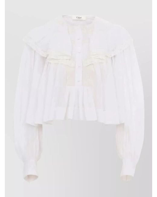 Chloé White Cotton Voile Lace Top Long Sleeves Ruffles