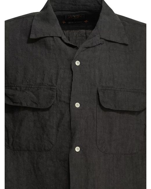 Beams Plus Black Linen Shirt Chest Pockets Short Sleeves for men