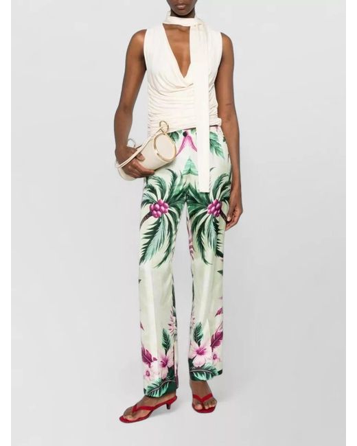 F.R.S For Restless Sleepers White Silk Trousers Tropical Motif Elastic Waist