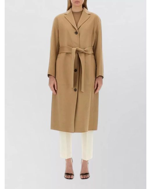 Theory Natural Long Coat Belted Waist Notched Lapels
