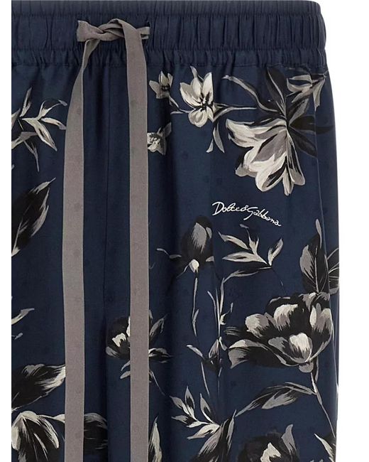 Dolce & Gabbana Blue Vanity Trousers Floral Print Contrast Hem Pockets for men