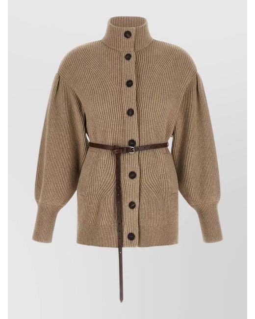 Brunello Cucinelli Natural Half Rib Knit Cardigan High Neck