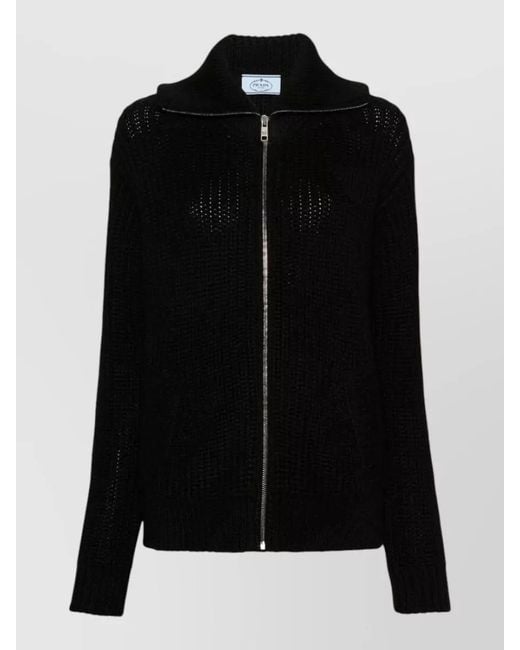 Prada Black Knit Jacket High Collar Long Sleeves Hem