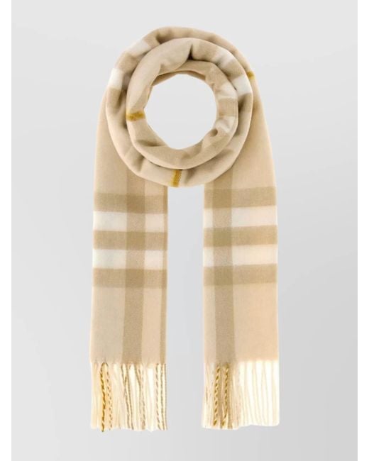 Burberry Natural Cashmere Scarf With Checked Design And Fringes