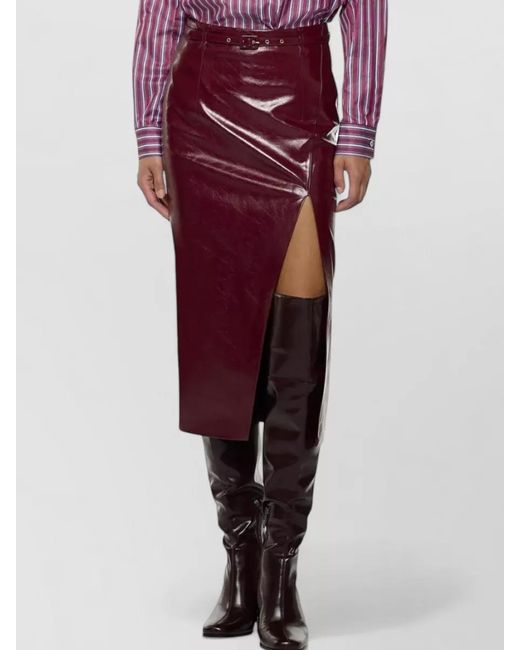 SIMONA CORSELLINI Red Belted Waist Fitted Midi Skirt High Slit