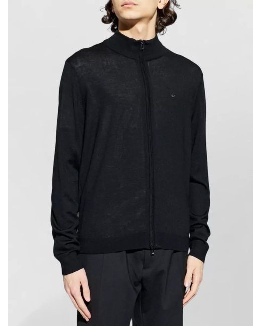 Emporio Armani Blue Wool Cardigan High Neck Long Sleeves for men