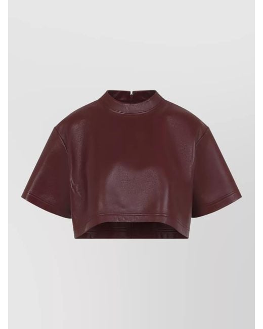 Balenciaga Red Cropped Leather Top Mock Neck Design