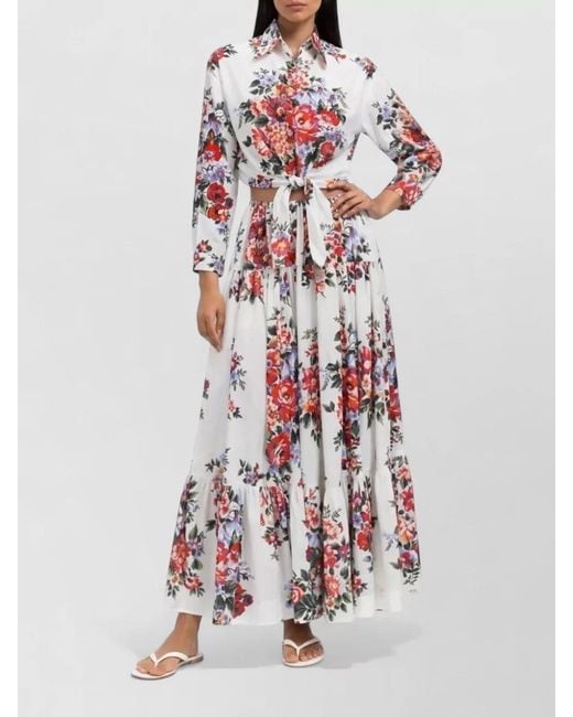 Dolce & Gabbana White Floral Cotton Shirt Belted Waist