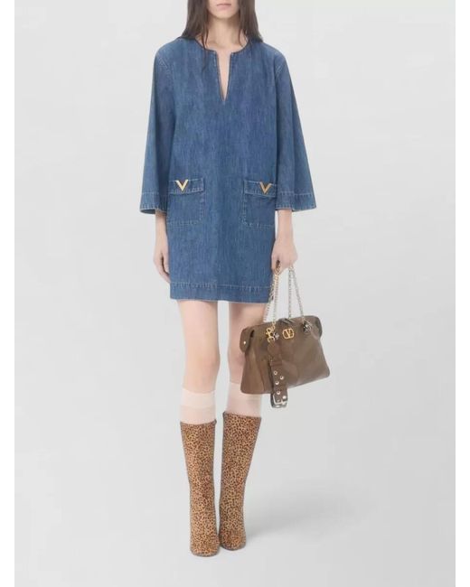 Valentino Blue Denim V-Neck Three-Quarter Sleeve Mini Dress
