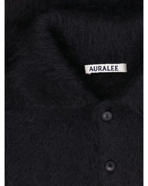 Auralee Blue Collared Crewneck Top Fuzzy Texture Long Sleeves