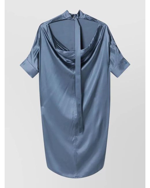 Acne Blue Satin Dress High Neckline Back Tie