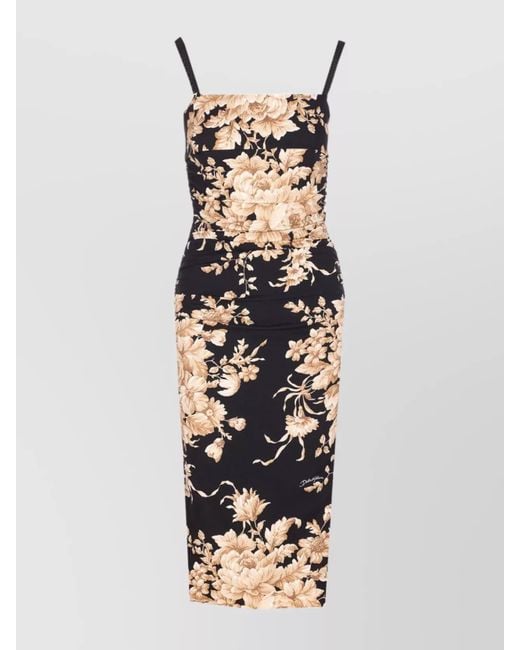 Dolce & Gabbana White Floral Print Fitted Dress With Spaghetti Straps