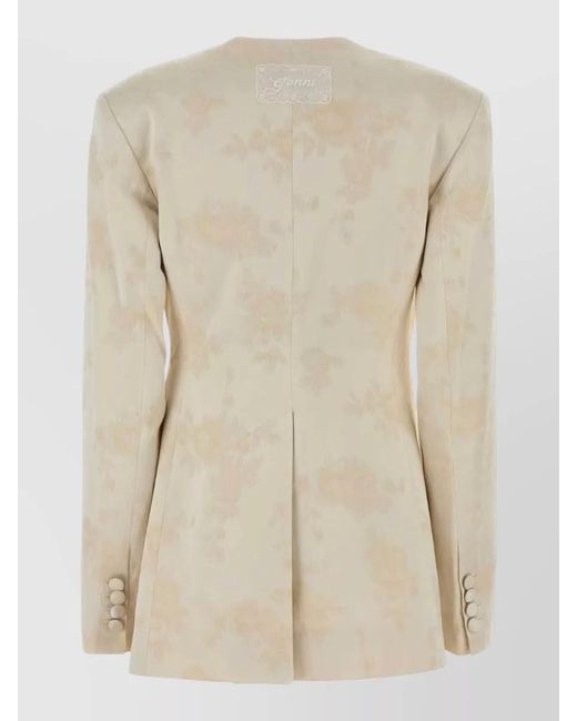 Ganni Natural Satin Blazer Tailored Front Pockets Long Sleeves