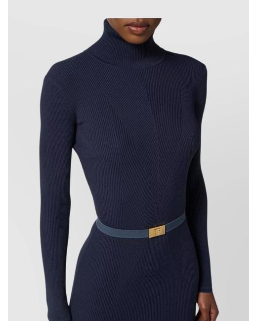 Elisabetta Franchi Blue Turtleneck Long Sleeve Knee-Length Dress