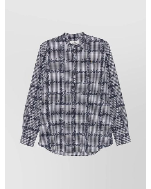 Vivienne Westwood Blue Checked Logo Print Long Sleeve Mock Neck Shirt for men