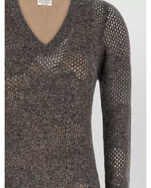 Brunello Cucinelli Gray Flower Lace Knit Dress Long Sleeves