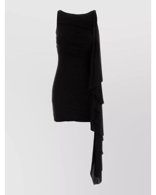 Alexander Wang Black Jersey Mini Dress Fitted One Shoulder Ruffles