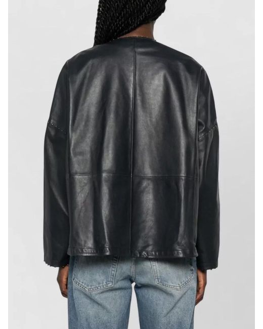 Forte_forte Black Leather Kimono Jacket V Neck Patch Pockets