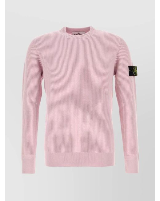 Stone Island Pink Ribbed Texture Long Sleeve Wool Sweater for men