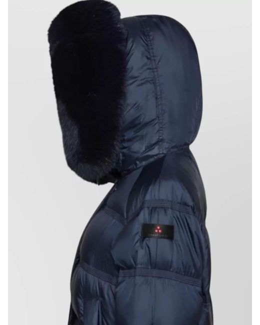 Peuterey Blue Hooded Jacket Fur Trim Long Quilted Pockets