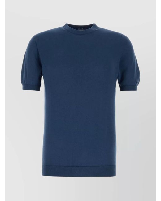 Fedeli Blue Crew Neck Cotton Sweater With Short Sleeves for men