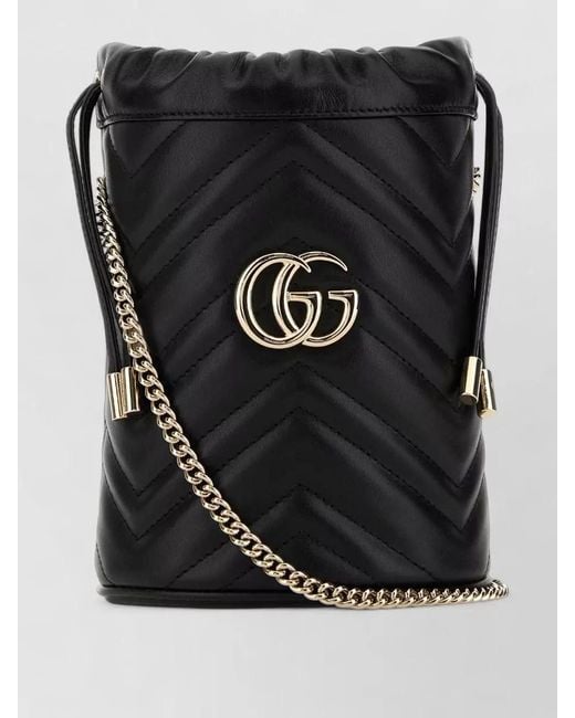 Gucci Black Leather Small Gg Marmont Bucket Bag Chain
