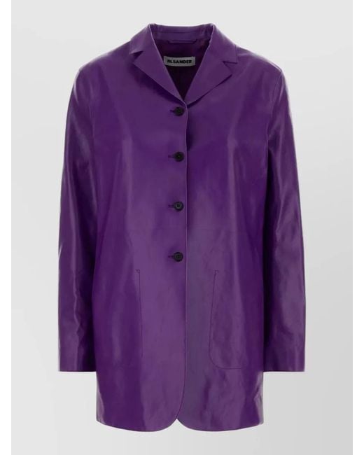 Jil Sander Purple Leather Jacket Long Sleeves Notched Lapels Pockets