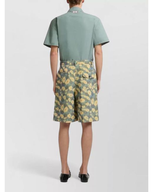 Marni Green Pleated Floral Print Linen Blend Shorts for men