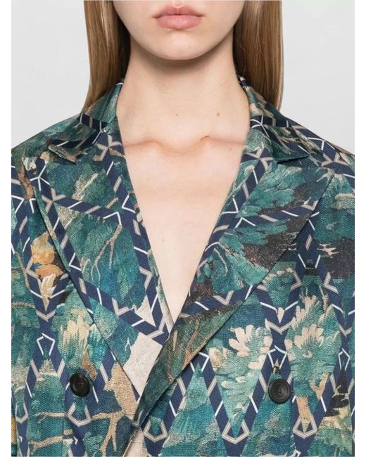 Pierre Louis Mascia Blue Silk Jacket Geometric Pattern Peak Lapels
