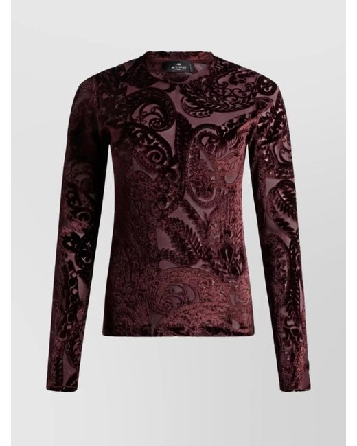 Etro Red Crew Neck Velvet Top With Paisley Pattern
