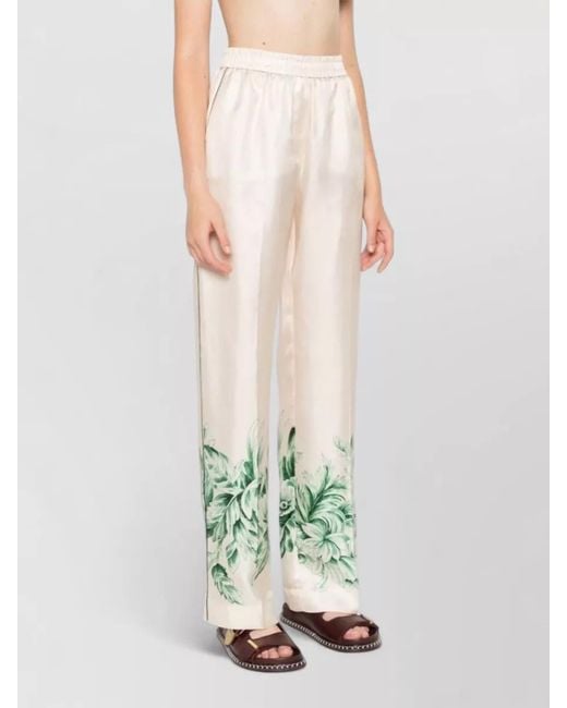 F.R.S For Restless Sleepers White Silk Palazzo Trousers Floral Print Stripe