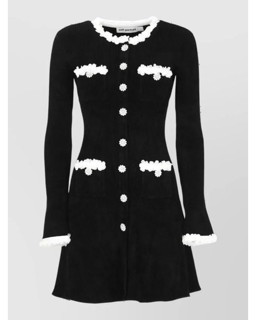 Self-Portrait Black Ribbed Chenille Knit Flower-Button Mini Dress