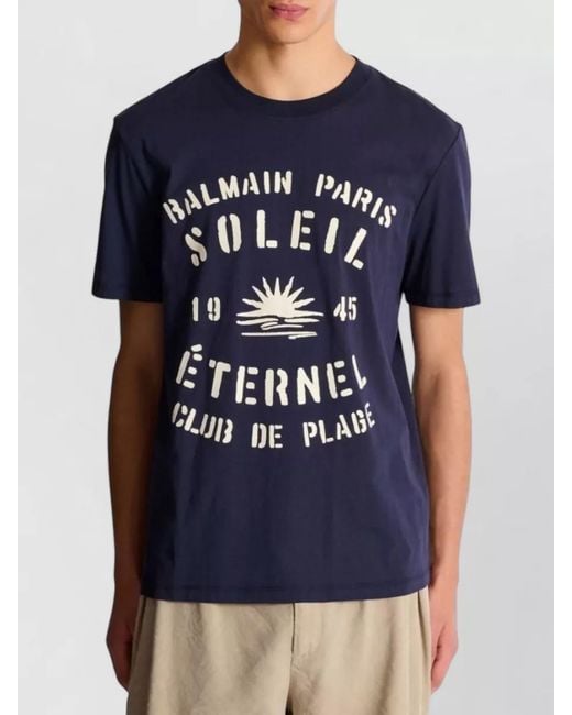 Balmain Blue Crew Neck Graphic Print Short Sleeve T-Shirt for men