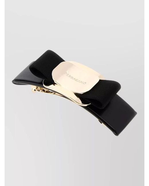 Ferragamo Black V Plate Bow Design Metallic Brooch Pin