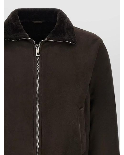 Giorgio Brato Black Suede Bomber Jacket Shearling Collar Ribbed Trims for men