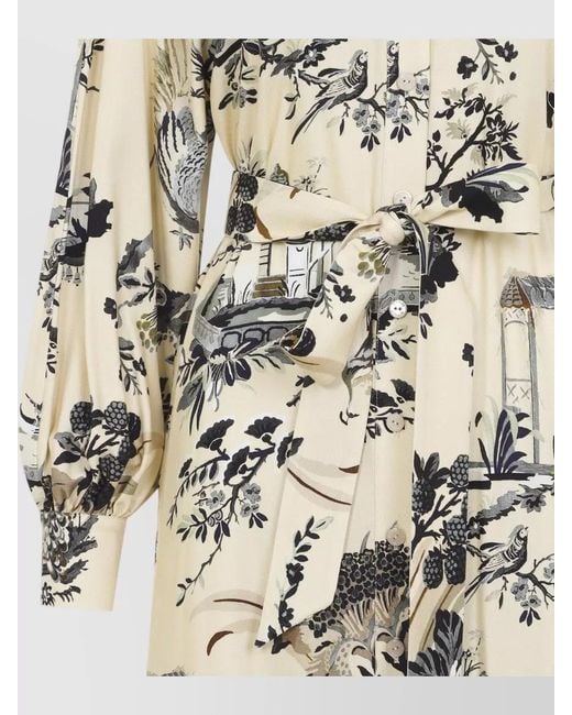 Etro Natural Floral Midi Dress Belted Waist Pleated Hem