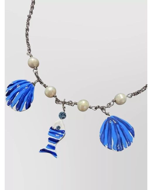Marni Blue Chain Necklace Fish Charm Pearls Shells