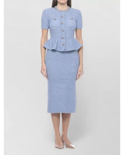Self-Portrait Blue Metallic Knit Belted Short-Sleeve Midi Dress