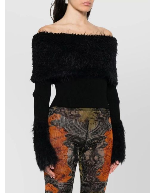 Jean Paul Gaultier Black Ribbed Off-Shoulder Long-Sleeve Knitted Top