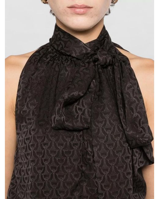 Gucci Black Silk Printed Tie Halterneck Sleeveless Blouse