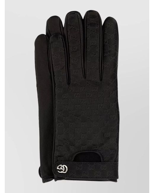 Gucci Black Leather Gloves Monogram Pattern Snap Button