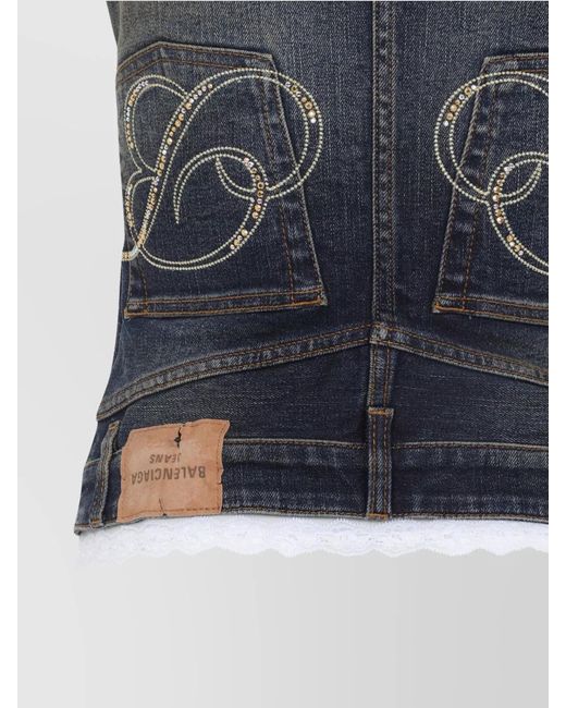 Balenciaga Blue Denim Patched Rhinestone-Embellished Tank Top