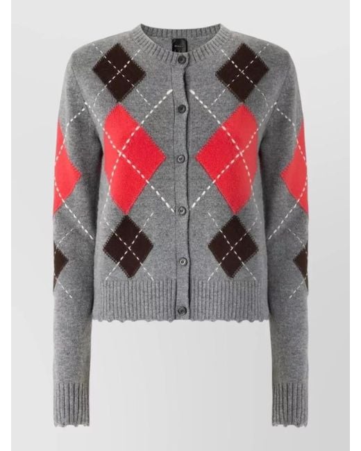Pinko Gray Argyle Cropped Cardigan Soft Knitwear Long Sleeves
